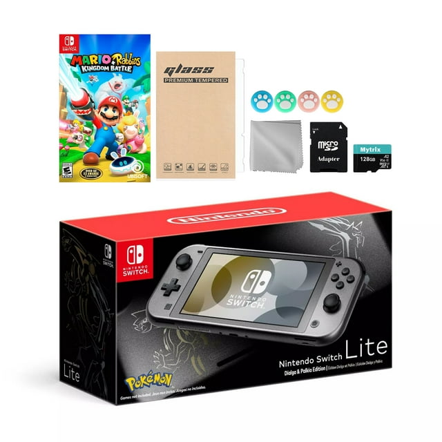 Nintendo Switch Lite Pokemon Dialga & Palkia Édition Limitée avec Mario Rabbids Kingdom Battle, Carte MicroSD Mytrix 128GB et Accessoires Ensemble de Disque de Jeu NS Meilleur Cadeau des Fêtes
