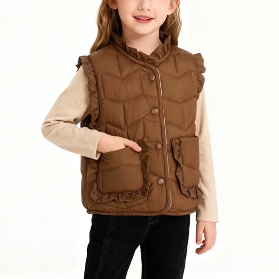 UQJfacai Girls Puffer Vest Sleeveless Ruffle Fall Jackets Casual Button Down Waistcoat with Pockets Kids Winter Clothes 1-10 Years