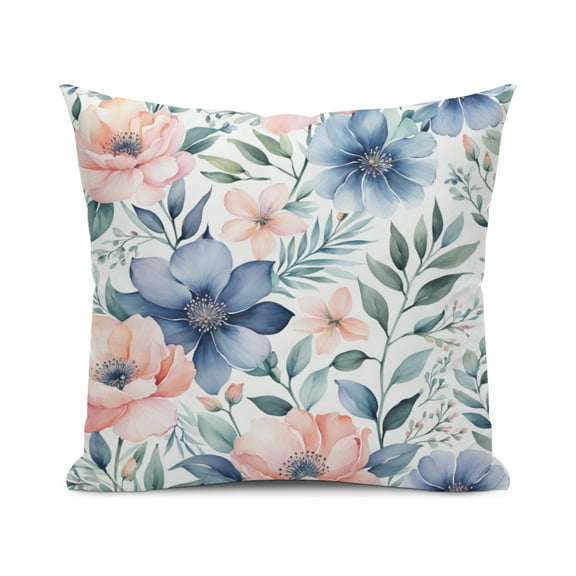 Pastel Peach and Blue Floral Pattern Pretty Flowers and Leaves Design Throw Pillow Cover, 18x18
