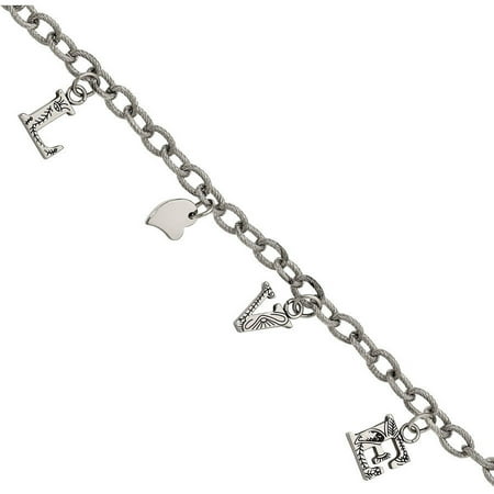 Primal Steel Stainless Steel Polished and Textured LOVE Charm Bracelet