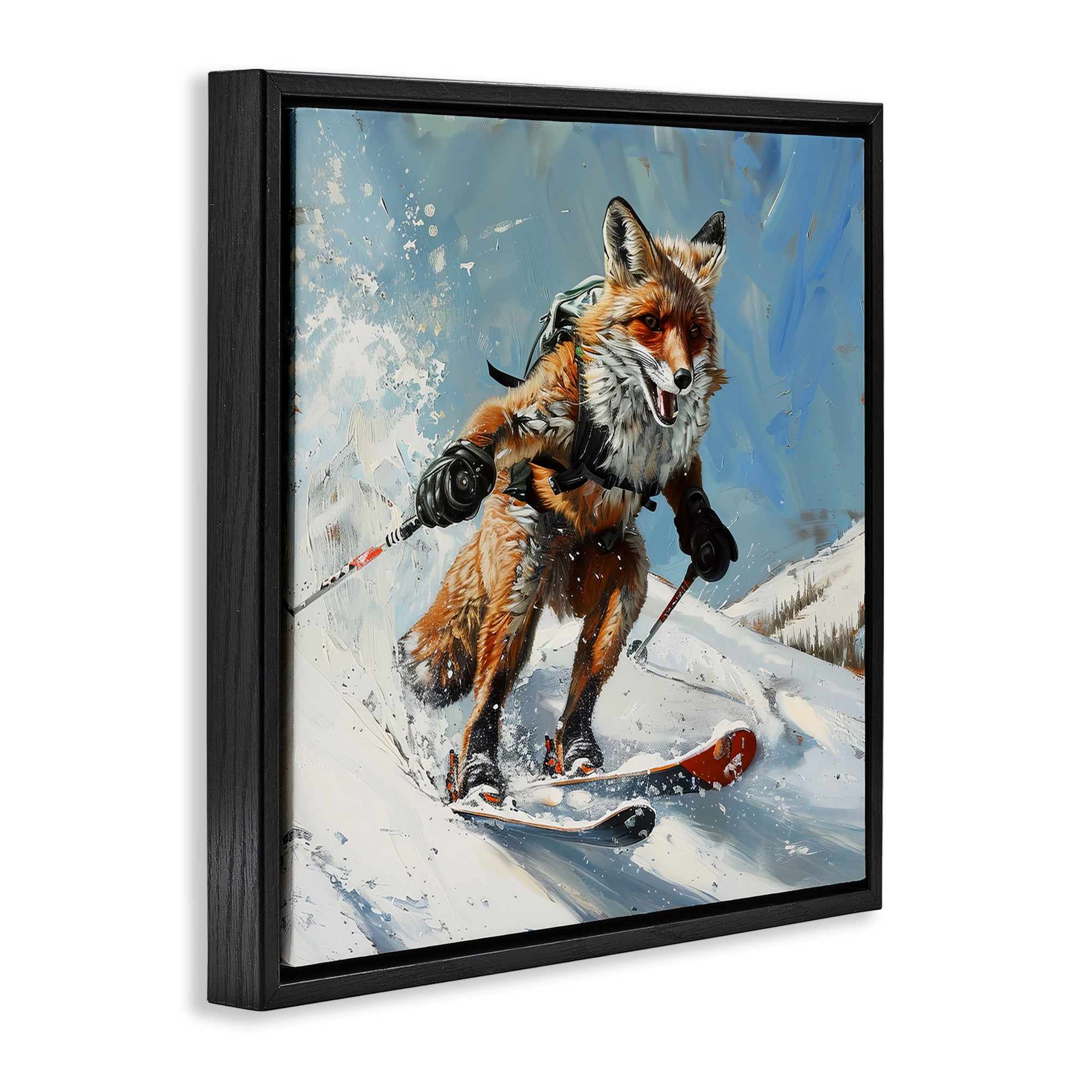 Stupell Industries Skiing Slopes Fox Animals Painting Black Floater Framed Canvas Art Print Wall Art, 25 x 25