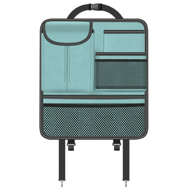 Protector de asiento trasero de coche, almacenamiento para viajes, alfombrilla resistente de cuero PU para patadas de coche. azul