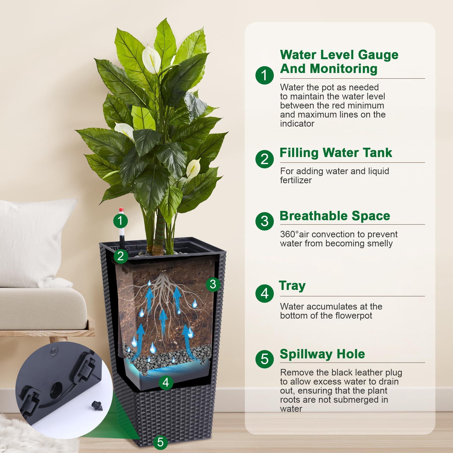 Kicctian Set of 2 Tall Rattan Planters – 22.5" Modern Plant Pots with Built-in Drainage & Removable Liners – Ideal for Indoor Outdoor Patio, Porch, Garden Decor, Black