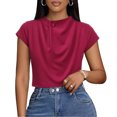 thumbnail image 2 of ClodeEU Women's Ruched Mock Neck Short Sleeve T-Shirt,Slim Fit Crew Neck Tee Red,Women's Plus M, 2 of 5