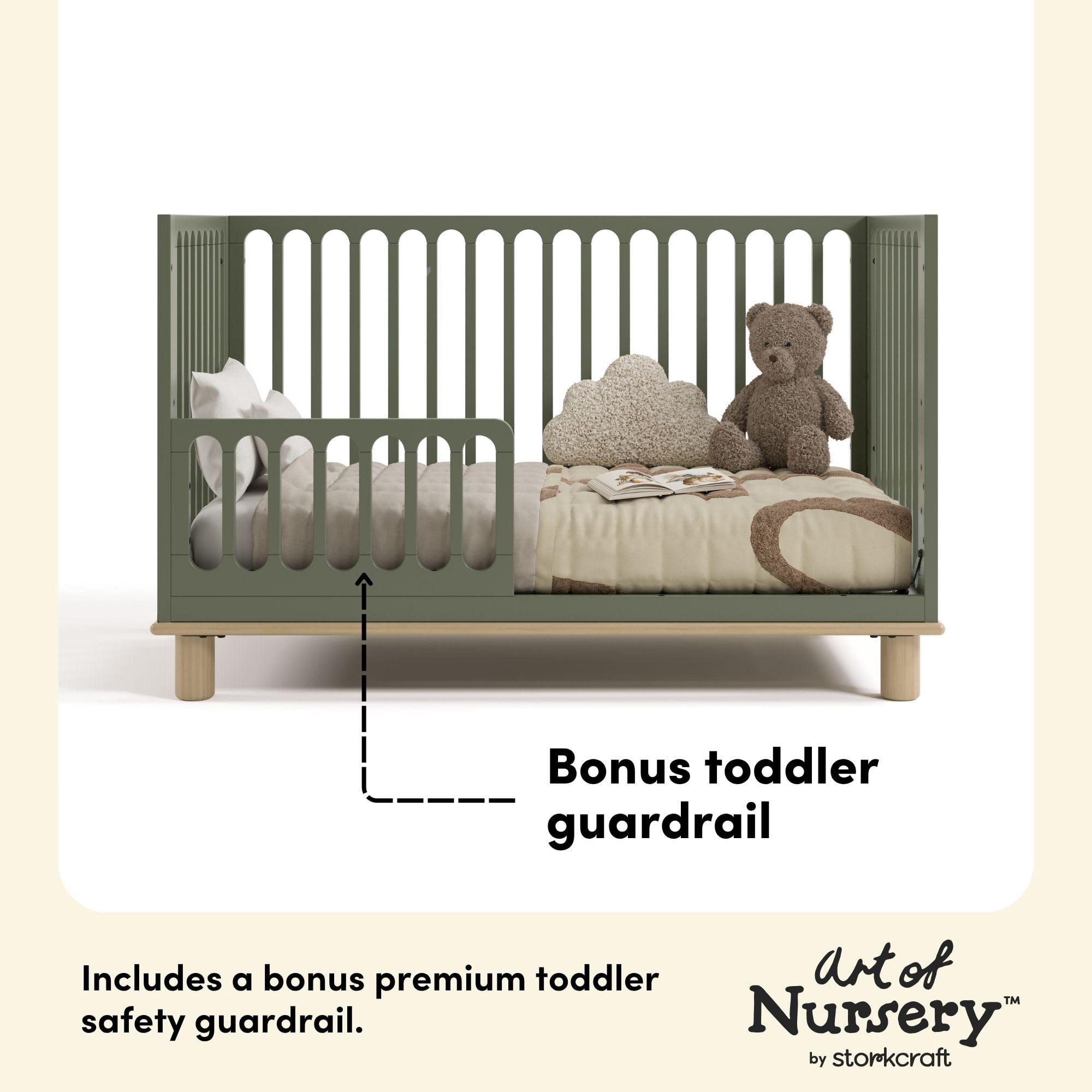 Storkcraft Sicily 3-in-1 Convertible Crib with Bonus Toddler Guardrail - Olive and Driftwood