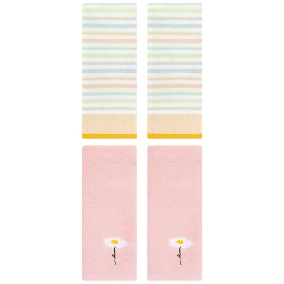 Unique Bargains 4 Pcs Cotton Hand Towels Pink/Yellow 13" x 30"/13" x 27"