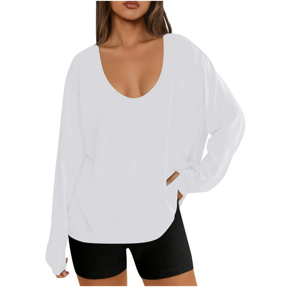 Nfurl Scoop Neck Long Sleeve Tops for Women Loose Fit Solid Color Workout Tops Comfy Pullover Sweatshirts Casual Basic Tees White L