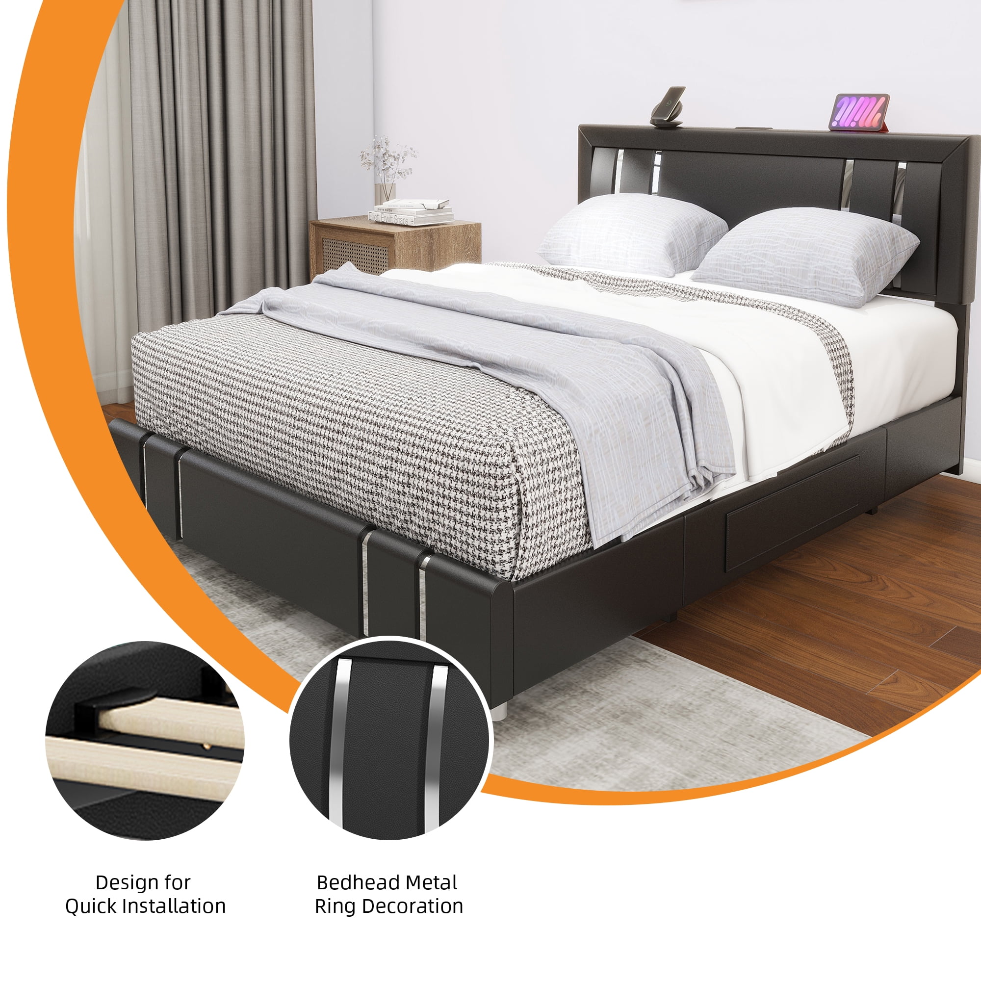 Dextrus Modern Queen Size Bed Frame with Adjustable Upholstered Headboard, LED Lighting, and Storage Drawers, Sleek Black Platform Bed with Metal Accents, No Box Spring Needed