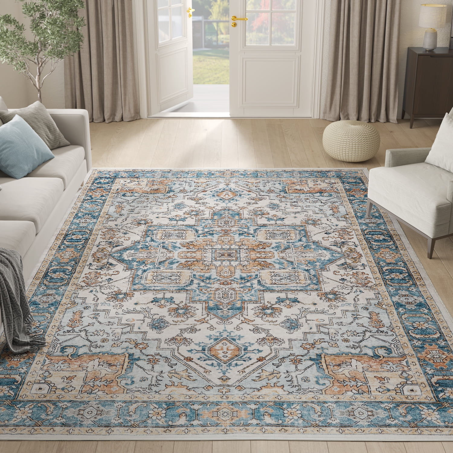 RUGKING Area Rugs for Living Room 6x9, Boho Vintage Medallion Look Home Floor Mat, Non Slip Washable Carpet, Blue