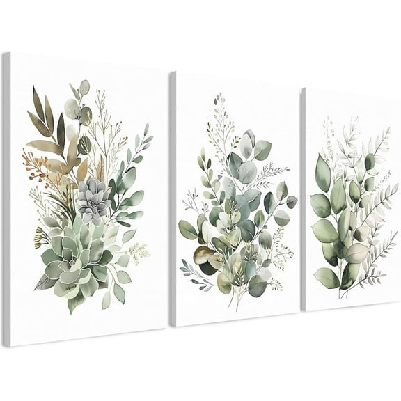 FCCUYE 3 PCS Framed Watercolor Floral Canvas Wall Art, Boho Sage Green Wildflower Wall Decor, Modern Flowers and plants Painting Print for Bedroom Living Room Bathroom Decorations 16''L x 12''W