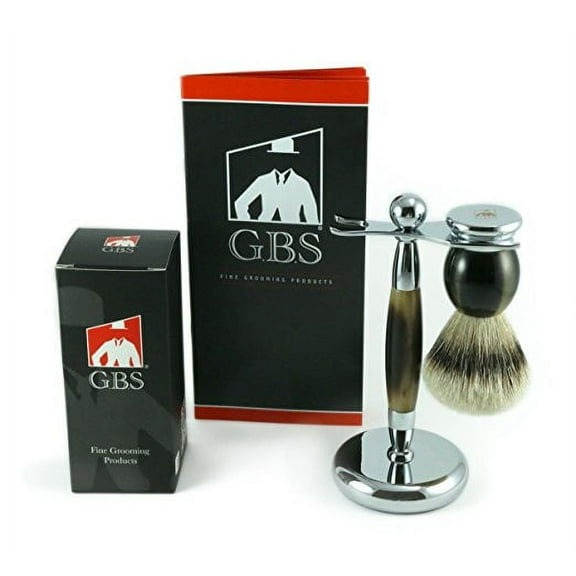 GBS Men's Grooming Set with horn Shaving brush and Razor stand and Silvertip badger Horn Brush