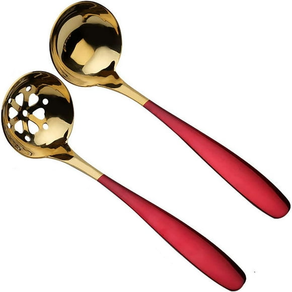 Tatum88 Set of 2 Slotted Spoon and Soup Ladle, Soup and Slotted Serving Spoons,7-Inch Long Stainless Steel Colander Spoon for Buffet, Hot Pot, Restaurants, Kichen - Gold & Red