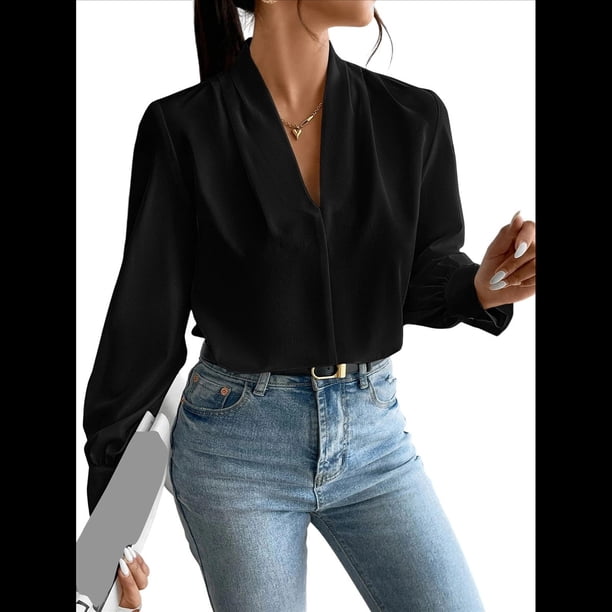 Blusas de Trabajo para Mujer, Blusas de Larga, Blusas de Oficina con Cuello en V, Blusas de para Mujer Negro L