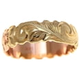 thumbnail image 3 of 14k yellow rose gold 2 tone custom hand engraved Hawaiian scroll maile ring 6mm cut out size 5, 3 of 8