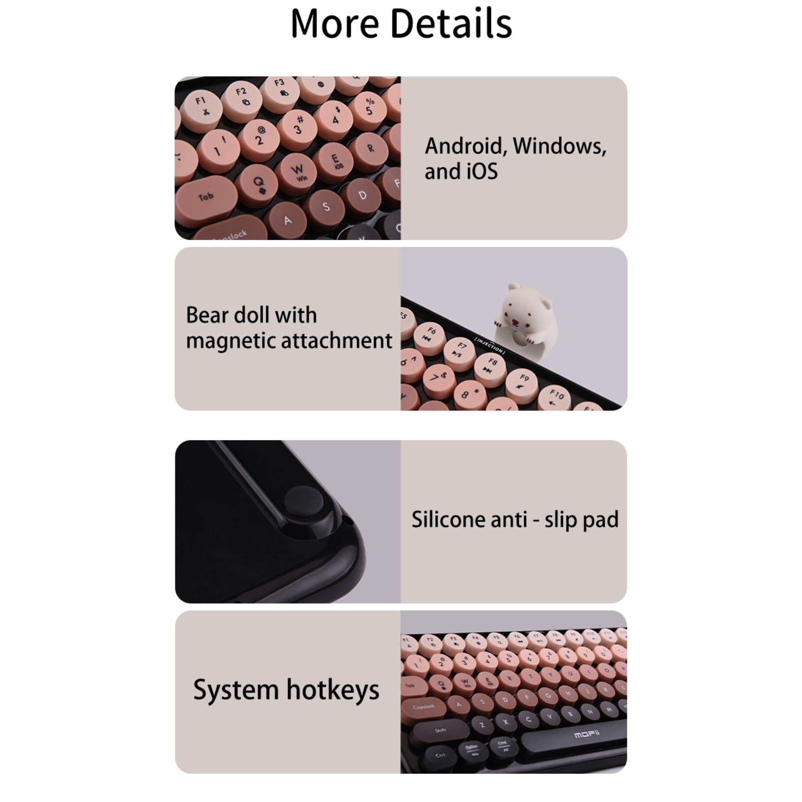 ITIGOITIE Retro Bluetooth Keyboard, Cute Wireless 87 Keys, Dual-Mode, Gradient Color, Round Keycaps with Magnetic Bear Figurine, Compatible with Win/Mac/Tablet