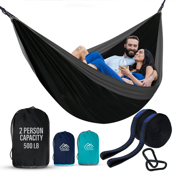 Vigel Camping Hammock, Fits 2, Hold up to 500lb, Black & Gray, Outdoor Hammock, Made of Nylon