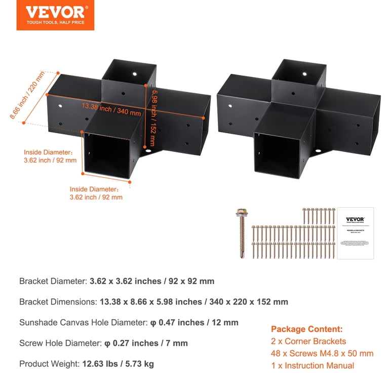 2Pack 2-Way Pergola Brackets – Heavy Duty Steel L-Shaped Corner Brace For 4x4 Wood Posts (Fits 3.5x3.5), DIY Gazebo & Pavilion Support, Matte Black