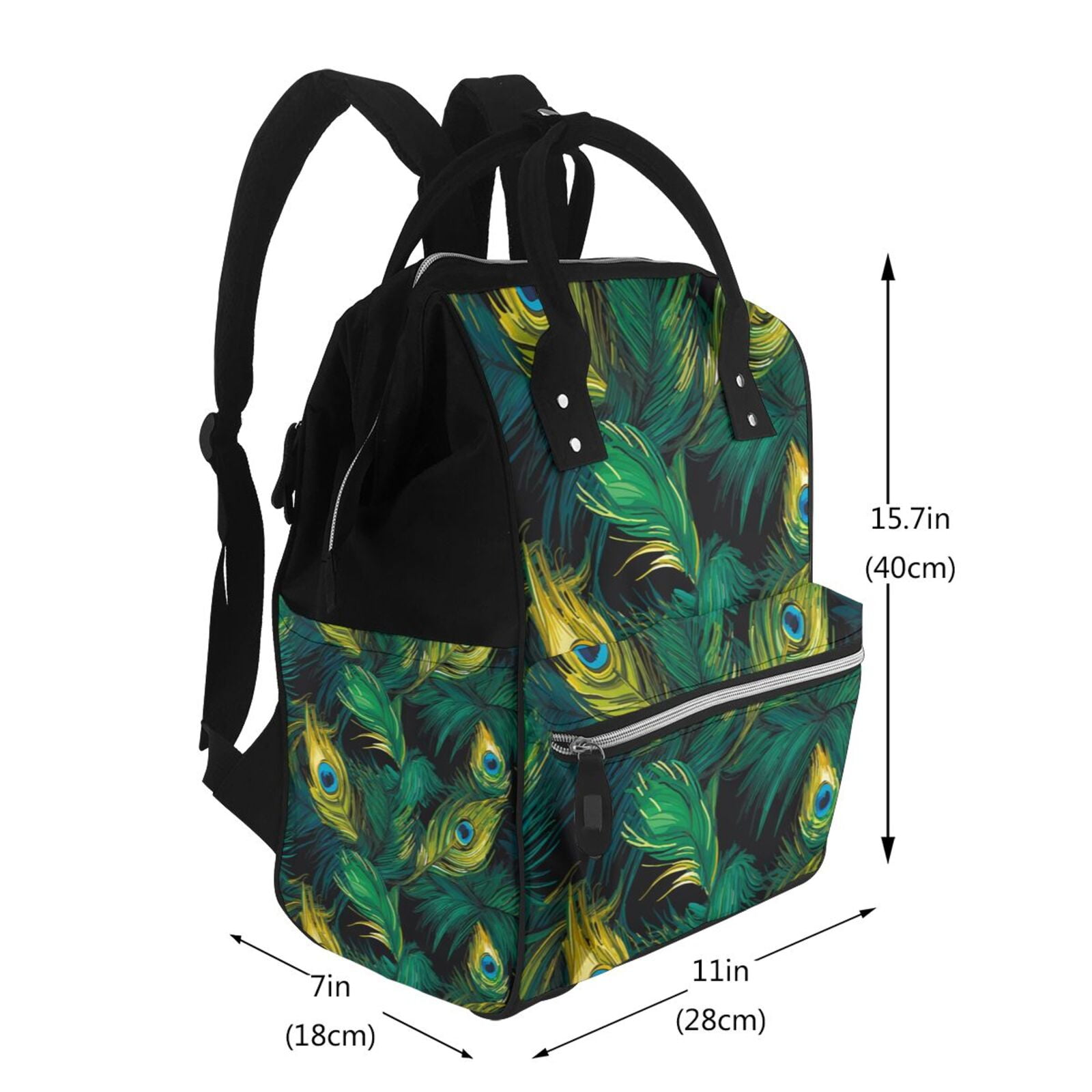 Ratiio Peacock Feathers2 Mummy Backpack - Waterproof Twill Canvas, Large Capacity Diaper Bag with Multiple Pockets and Adjustable Straps