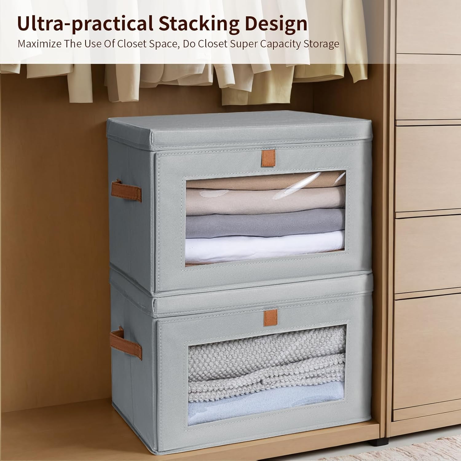 Large Closet Storage Organizer - Clothes Storage Bins with Handles & Window, Collapsible Decorative Boxes with Lids, Fabric Containers for Living Room, Dorm, 4 Pack, Grey