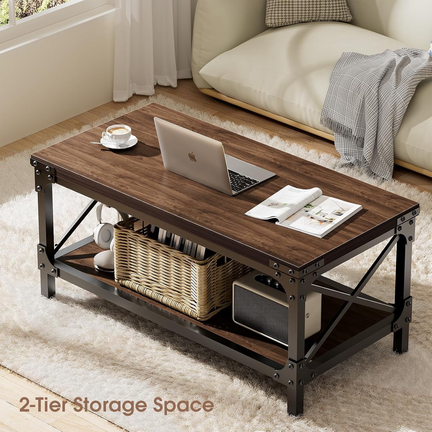 LazySpin Rectangle Wood Coffee Tables for Living Room, Walnut