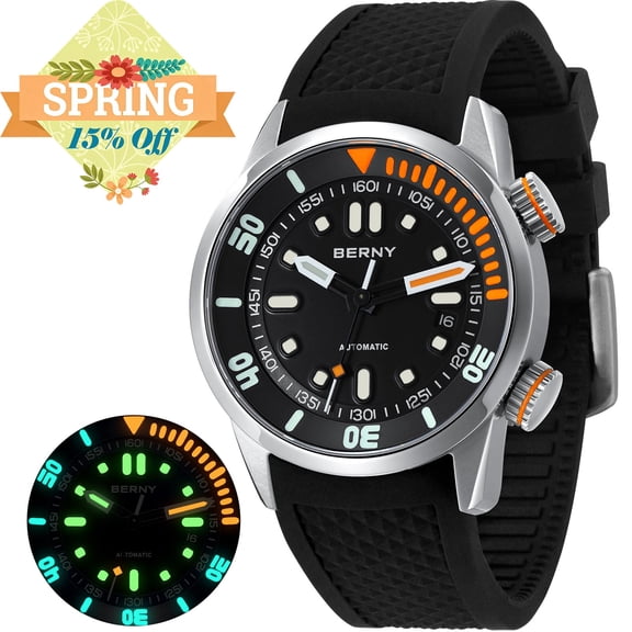 BERNY Automatic Dive Watches for Men, Sport 20ATM Waterproof Analog Mechanical Watch with Date, Super Luminous, Silicone Strap, Stainless Steel, Sapphire Crystal, Men's Pro Diver Watch (Black)