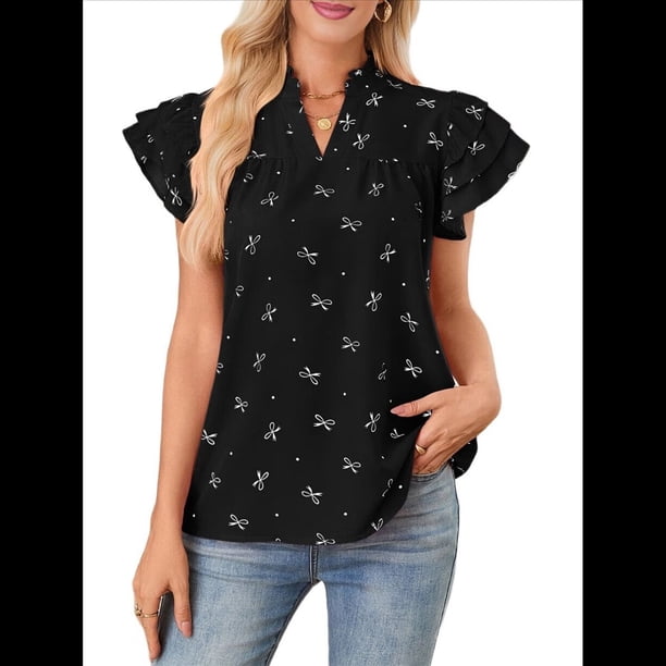 Tops con Volantes para Mujer, Blusas Bohemias con Cuello en V y Muescas, Camisetas Tipo Túnica con Mangas Abullonadas en Negro M