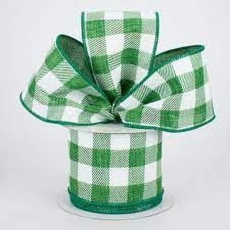 Plaid Check Wired Edge Ribbon - 10 Yards (Emerald Green, White, 2.5")