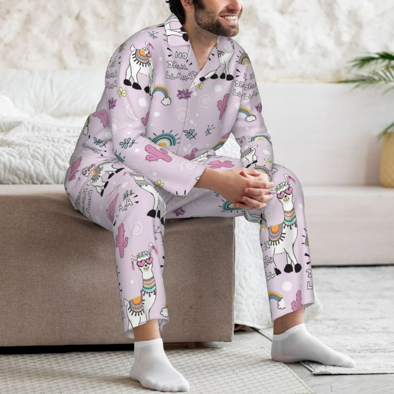 Mens Pajamas Set Funny Cute Alpaca Cactus Pink Soft Comfy Long