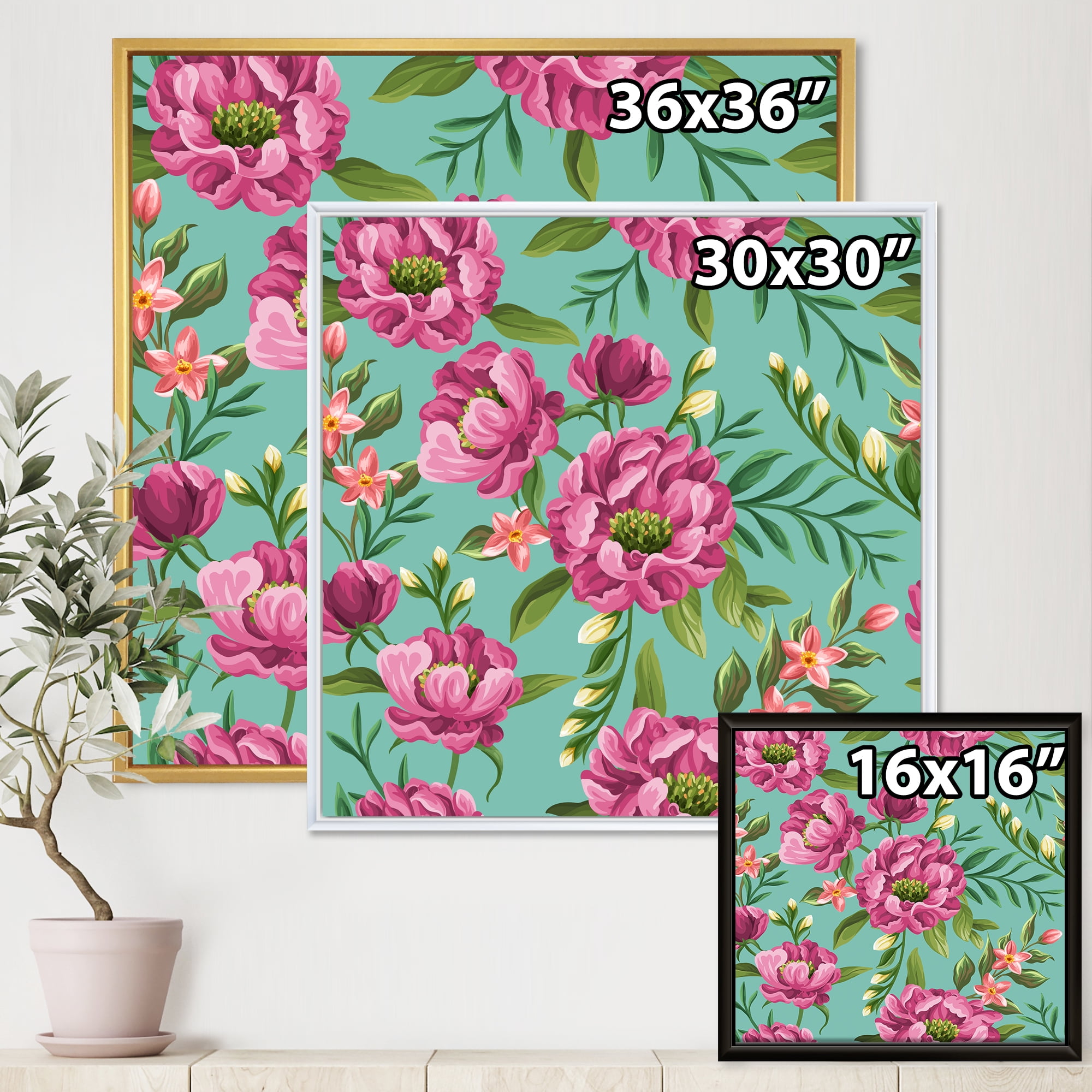 Fuchia Pink Flowers On Green VIntage 36 in x 36 in Framed Painting Canvas Art Print, by Designart