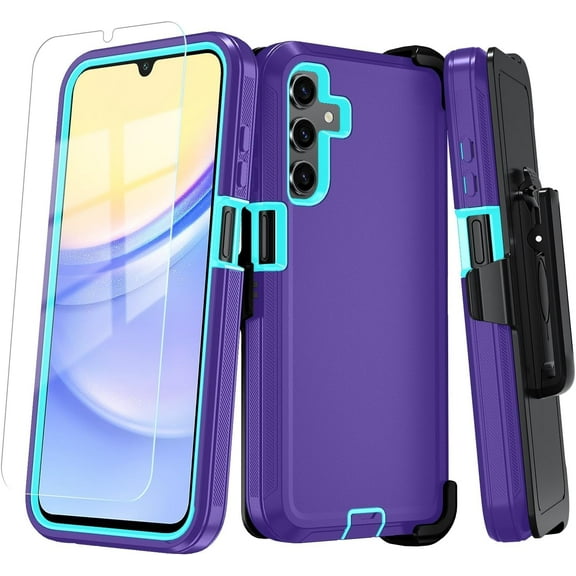 Compatible with Samsung Galaxy A14 5G Case with HD Screen Protector (2 Pack), Samsung A14 5G Phone Case Durable Shockproof 3-Layer Cover for Samsung A14 (BeltClip_Purple)