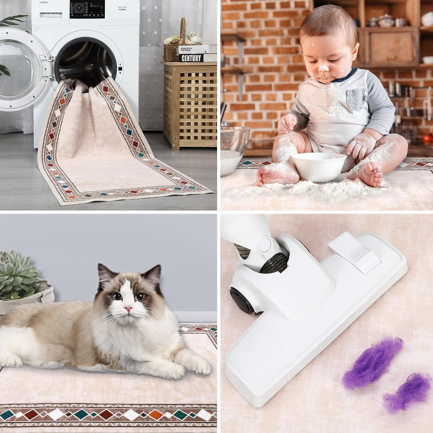 Shininglove Modern Bordered Runner Rugs 2x6ft, Machine Washable Low Pile Carpet with TPR Non-Slip Backing for Laundry Room Bedroom(Beige)