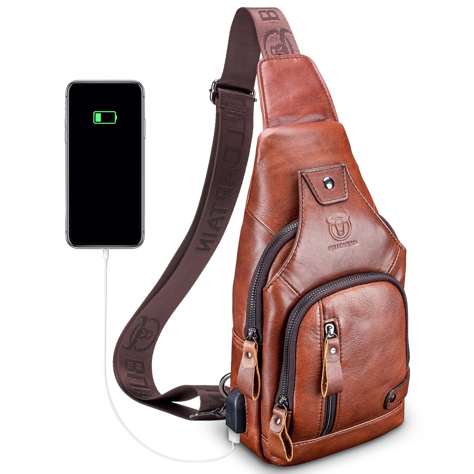 Brown BULLCAPTAIN Genuine Leather Mens Sling Bag Multipurpose Travel Crossbody Chest Bag Daypacks with USB Charging Port