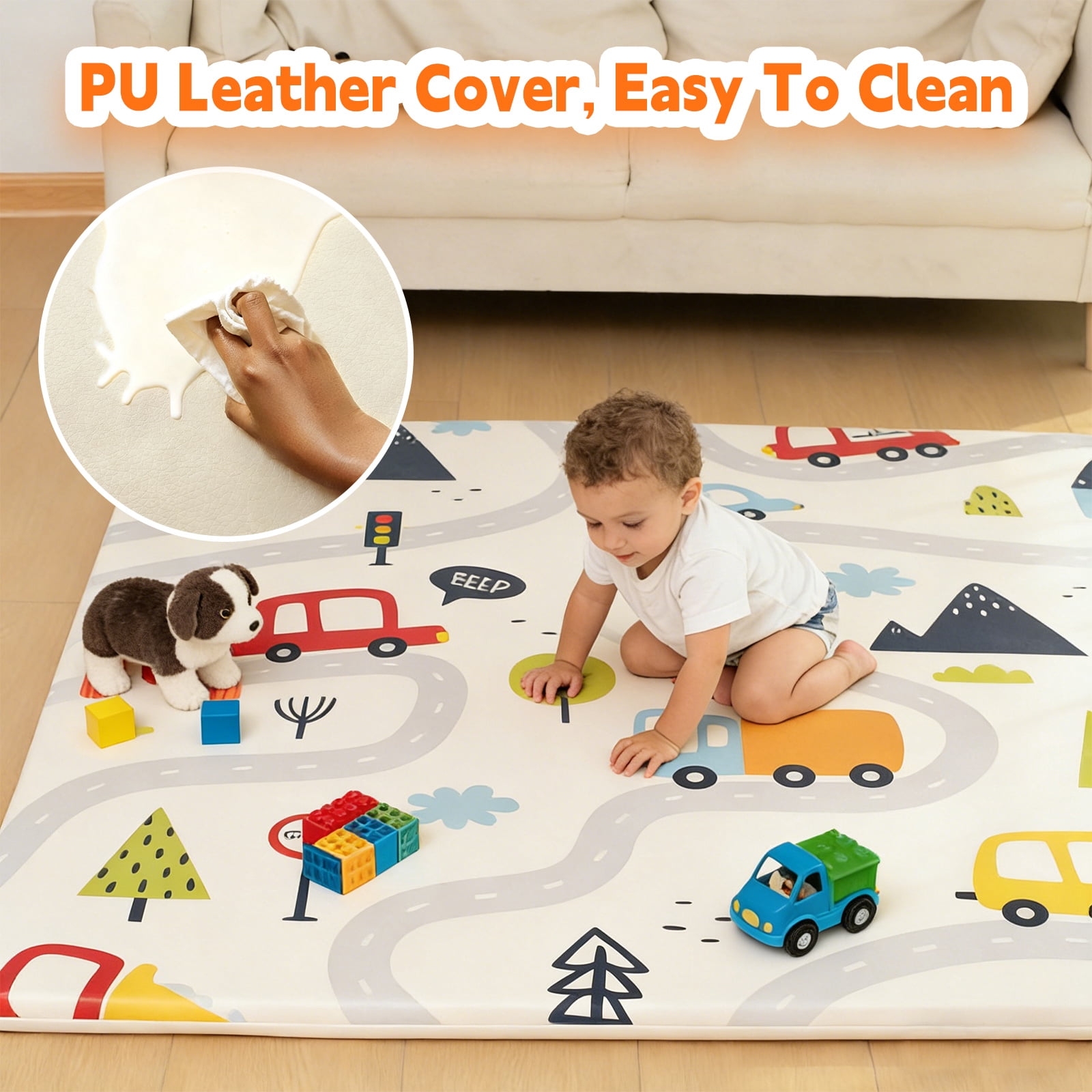 PU Leather Baby Play Mat, 50x50 Thick Foam Cushioned & Waterproof Playpen Mat for Infants and Toddlers (Double-Sided PU, Car)