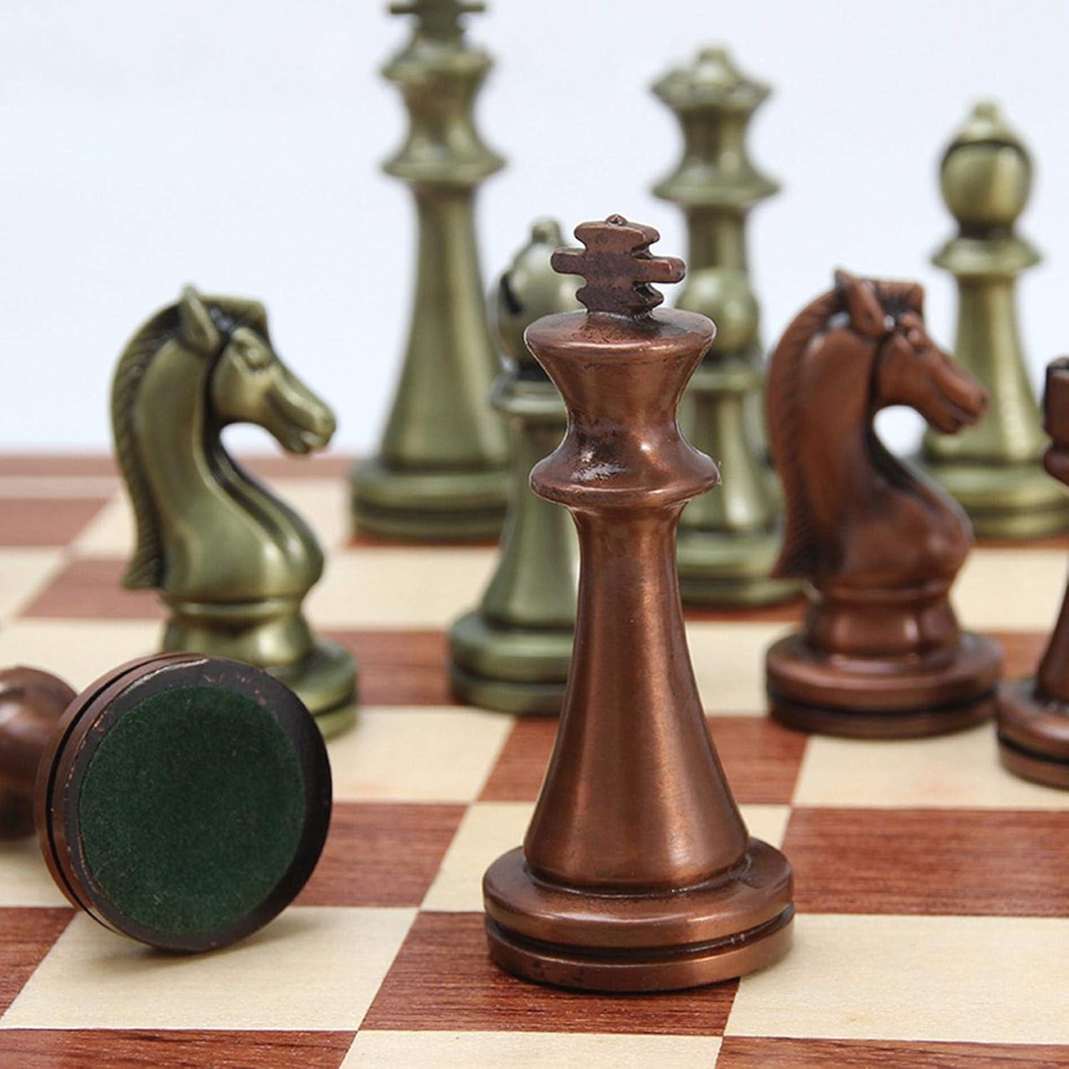 Chess Set, Large Metal Deluxe Retro Copper Plated Alloy Adult Set Board Game Portable Wooden Box Storage Folding -