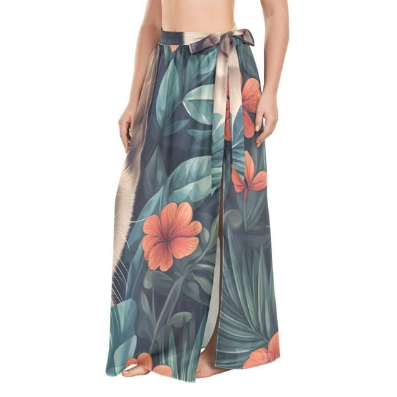FORMRS Womens Long Sarong Beach Wrap Semi-Sheer Bikini Skirt Bathing Swimsuit Cover Up, Flowers and Cat