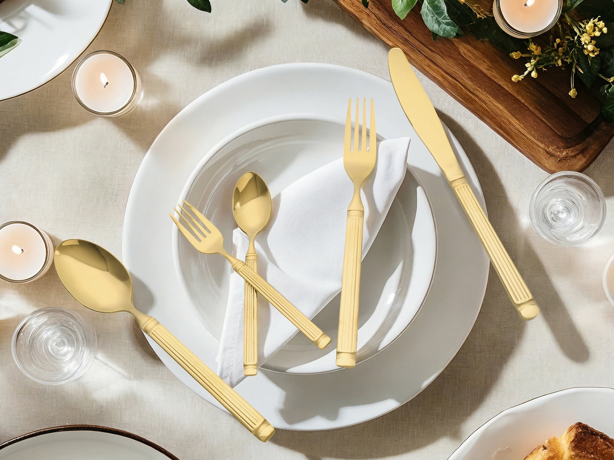 Unique Bargains Classic Mirror Polished Stainless Steel Flatware Set Gold 30pcs