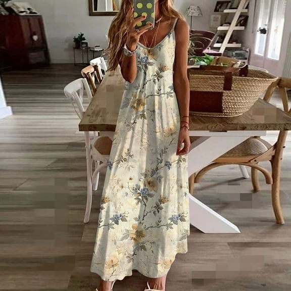 Wowcloth Women's Casual Floral Printed Sleeveless Dress for Women V Neck Flowy Party Midi Dresses