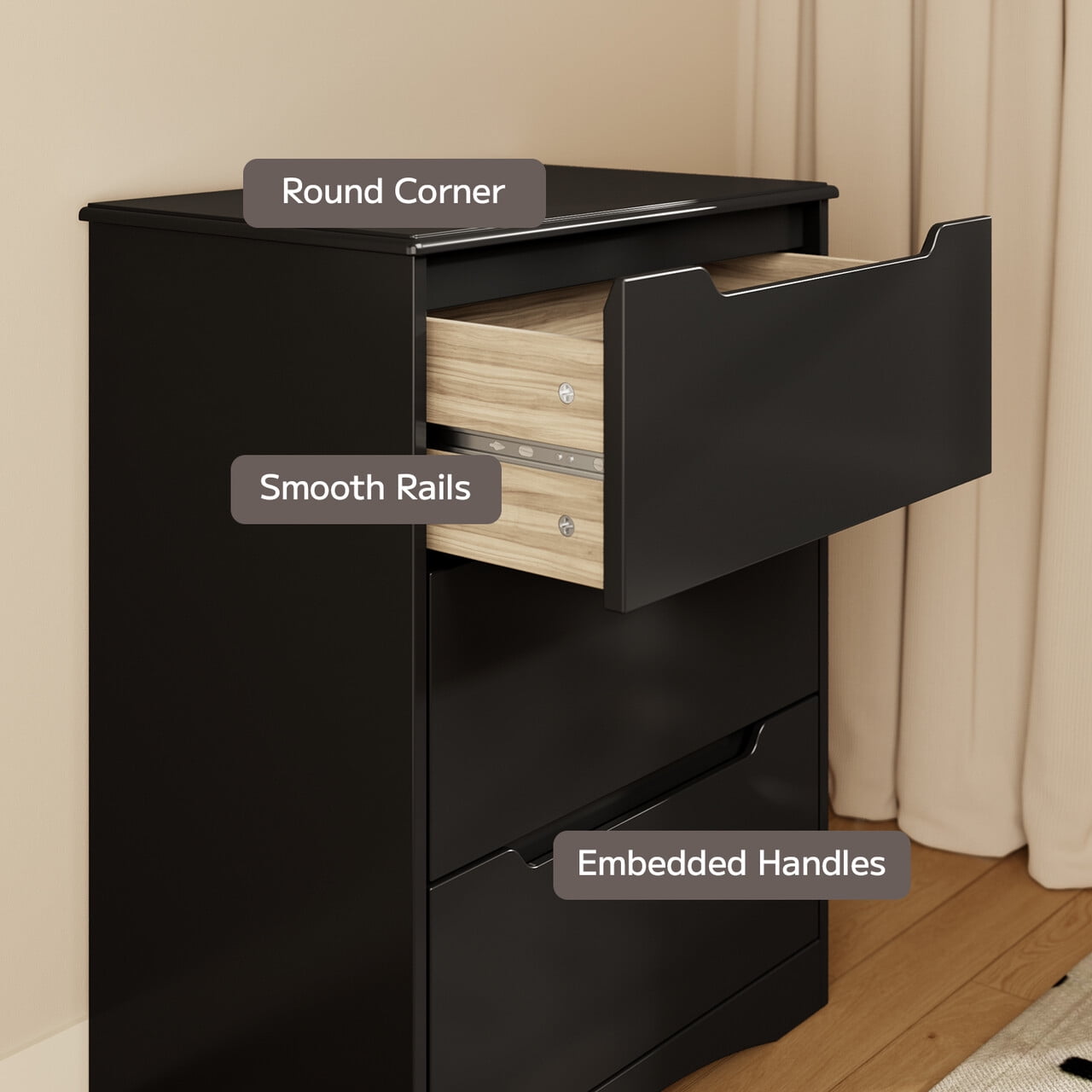 Aiho 3 Drawer Dresser, White Wood Storage Cabinet with Cutout Handles for Bedroom, Black