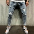 thumbnail image 2 of QHFBli Mens Slim Fit Mid Waist Straight Leg Ripped Distressed Holes Classic Denim Patches Jeans, 2 of 9