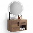 thumbnail image 2 of Set de Mueble Organizador de Baño con Lavabo y Espejo Luz LED Diseño Flotante marron, 2 of 8