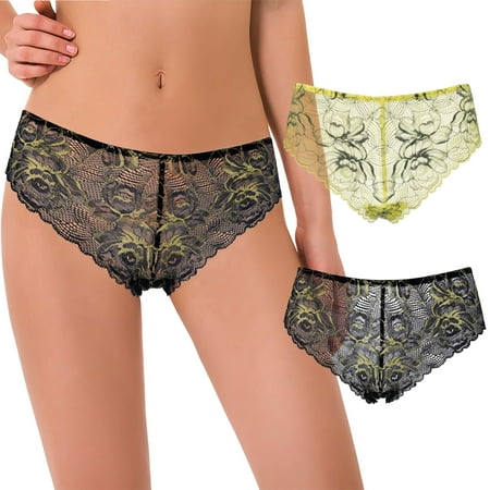 Curve Muse Women s Pack Of 2 Comfort Sheer Lace Tanga Hipster Boyshorts Panties-Pack C-Black Yellow-L/7