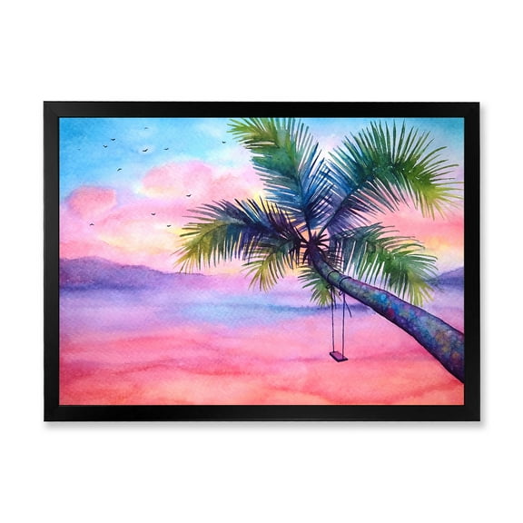 Designart 'Vivid Sunset Landscape With Swing and Palm' Nautical & Coastal Framed Art Print