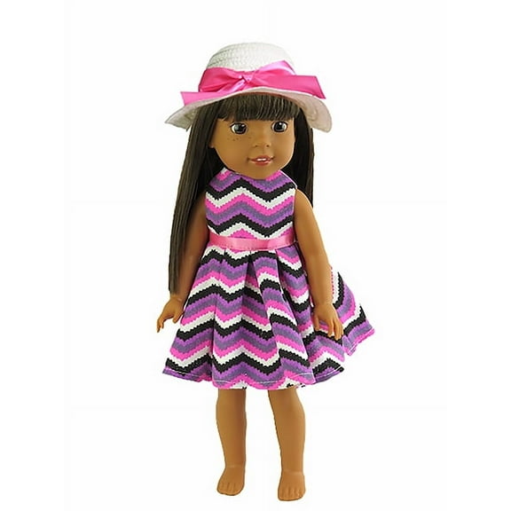 Sleeveless Chevron Pattern Dress and Hat for 14 Inch Dolls