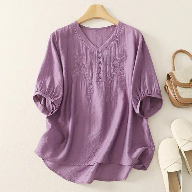 mfyjkho Tops Para Salir, Blusa De Moda Para Mujer Con Cuello En V, Manga Corta Y Botones Bordados De Lino Sintético Tops Para Hacer Ejercicio Xl