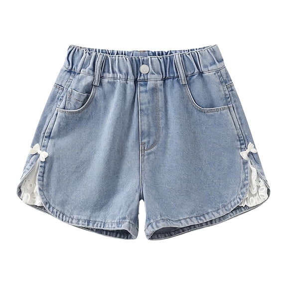 Sonxahe Little Girl's Side Bow Denim Shorts Split Hem Elastic Waist Summer Casual Shorts,Blue