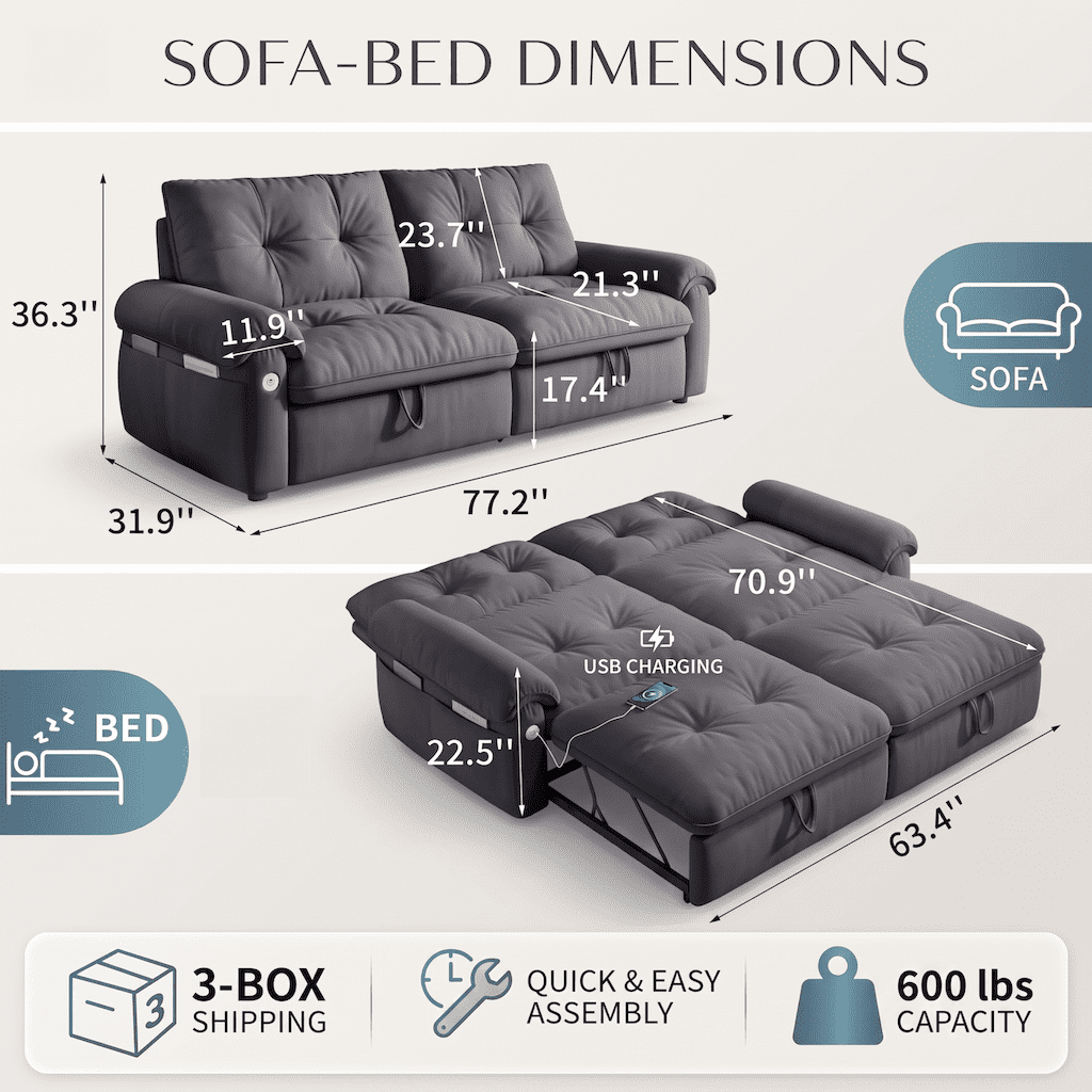 Xiweot Convertible Sleeper Sofa Bed, 77" Queen Size Pull Out Couch with Side Pocket, Adjustable Backrest & USB Ports, Comfy Velvet Loveseat for Living Room Apartment Small Space (Gray)