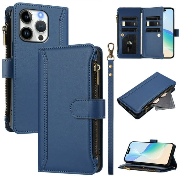 PU Leather Magnetic Snap Flip Zipper Strap Wallet Phone Case Fit for 15 Pro