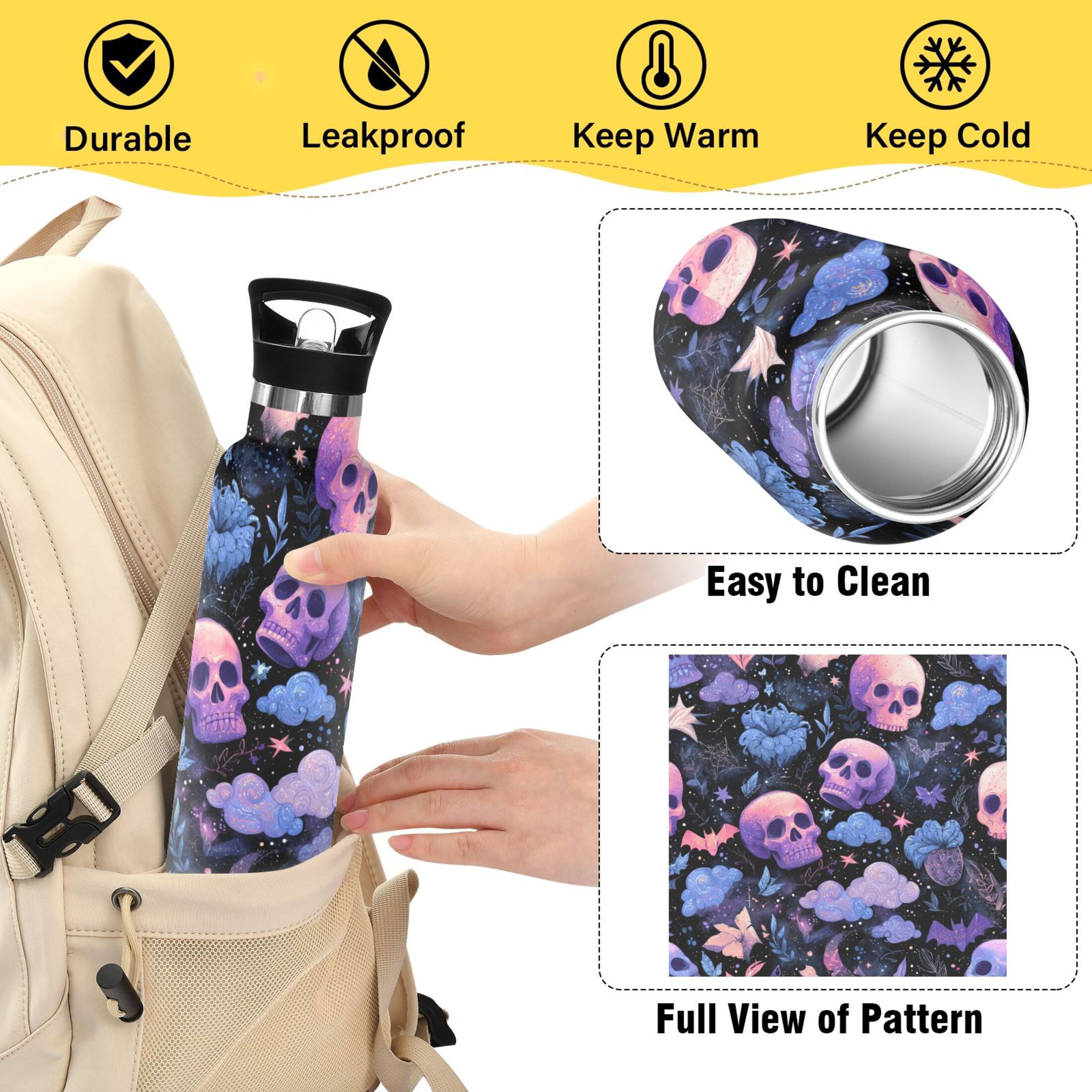600ML Stainless Steel Insulated Cup Sports Water Bottle Portable Thermos Cup Water Glasses Insulated Tumblers Convenient and Durable Halloween Pink Skull