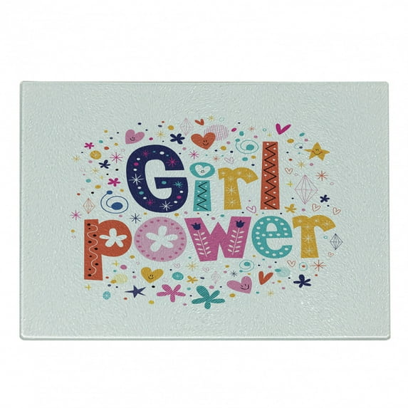 Girl Power Cutting Board, Composition with Words Cartoon Style Hearts Flowers and Diamond Shapes Design, Decorative Tempered Glass Cutting and Serving Board, in 3 Sizes, by Ambesonne