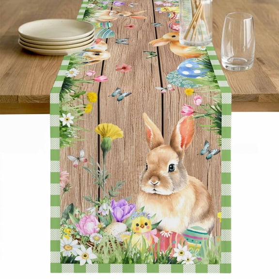 Happy Easter Bunny Table Runner 70 Inches Long Farmhouse Dress Scarves, Spring Floral Wooden Sage Green Plaid Dining Tablerunner for Coffee Table/Kitchen Island/Party Décor, 13" x 70"